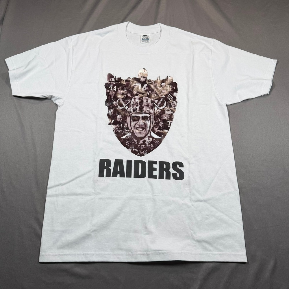 Pro Club Raiders Mens Large White Graphic T-Shirt Collage Shield Streetwear Tee